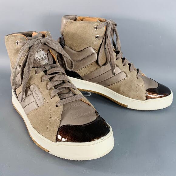 BALLY Size 8.5 Brown Taupe Color Block Leather High Top Sneakers - Picture 1 of 8